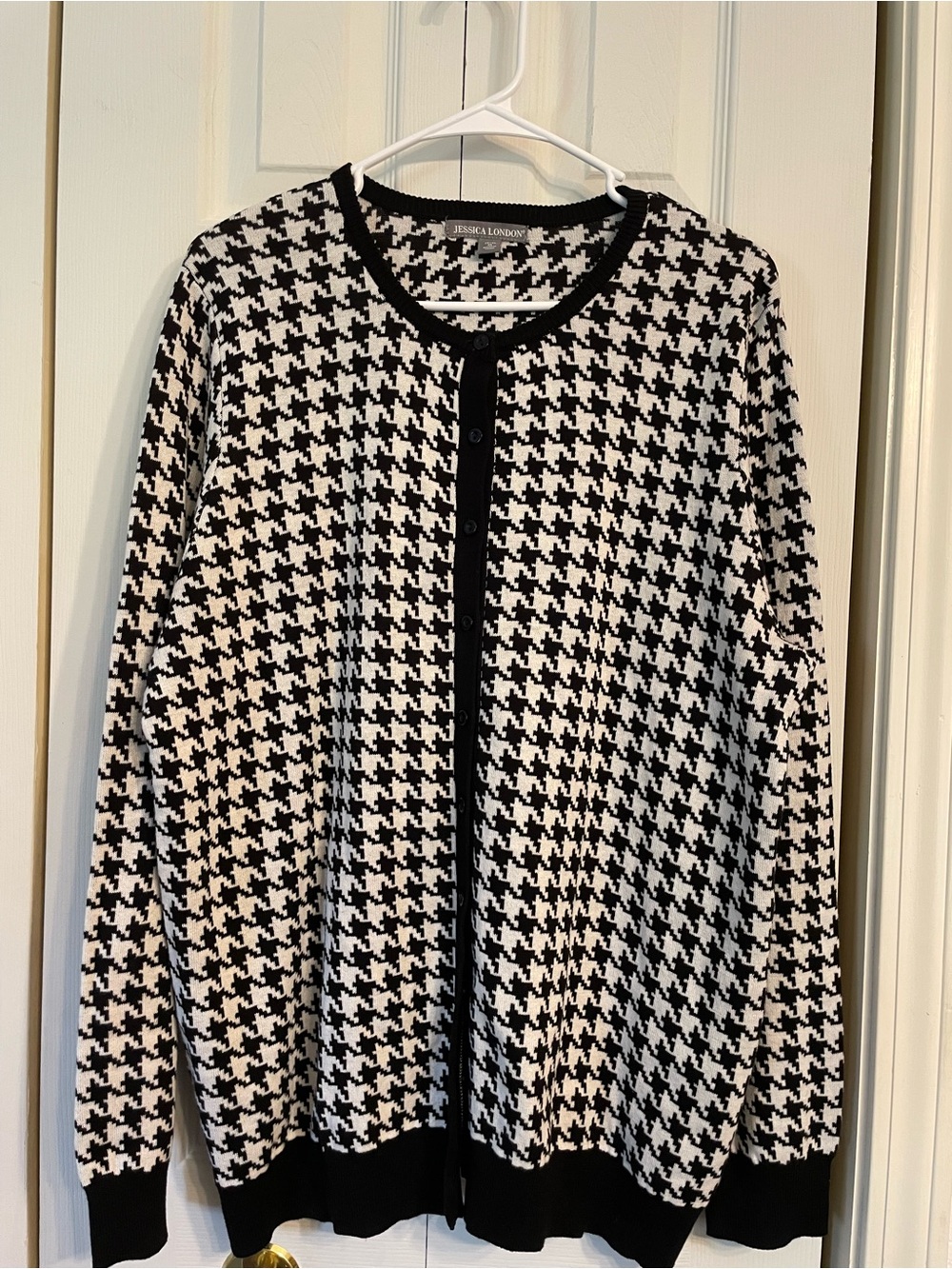 Jessica London Black and White Houndstooth Knit Cardigan
